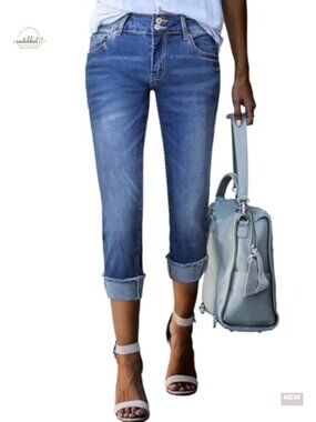 High Waisted Skinny Capri Jeans Stretch Denim Roll-up Cuffed Summer